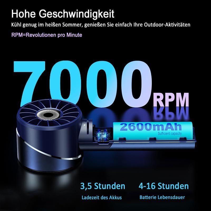 Handventilator Akku Aufladbar, Mini Stark Ventilator mit 7000 rpm Hohe Geschwindigkeit, Kleiner Meta