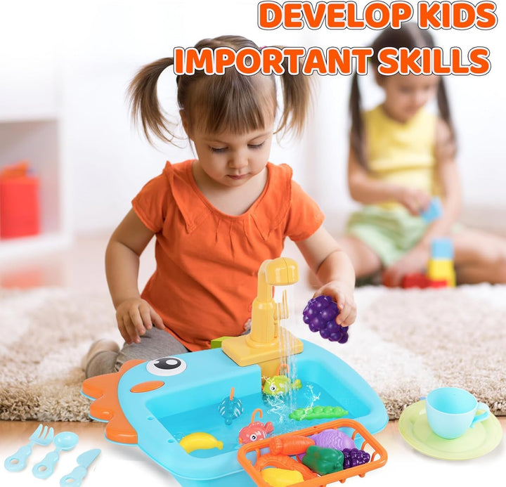 Küchenspüle Spielzeug Set mit Angelspiel, Kinderspüle mit Fliessendem Wasser, Spülbecken Kinderküche