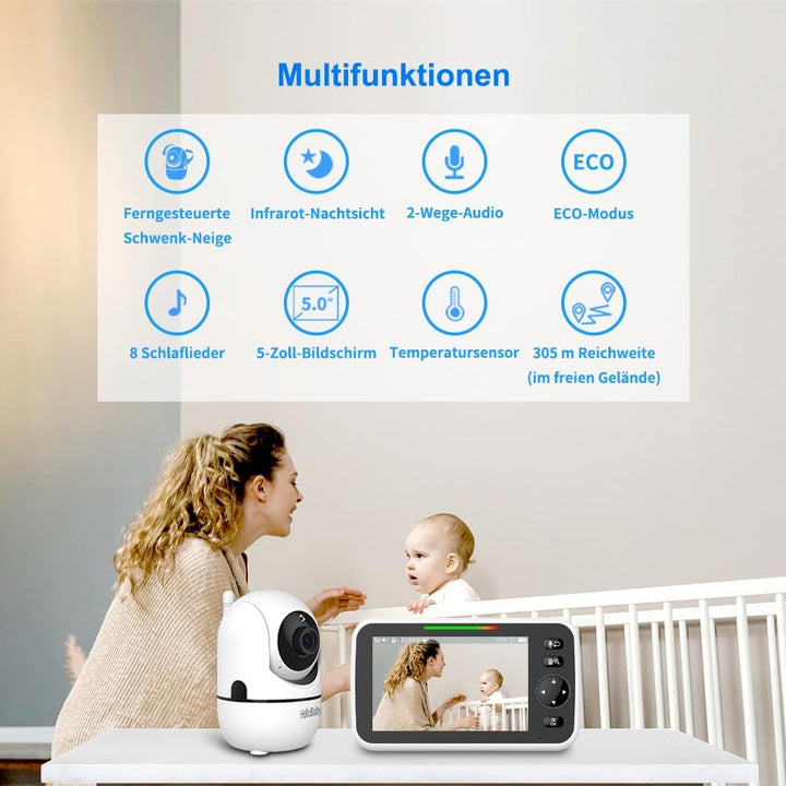 HelloBaby Video-Babyphone, 5 Zoll geteilter Bildschirm mit 30-Stunden-Akku, Pan-Tilt-Zoom Babyphone