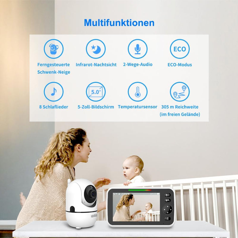 HelloBaby Video-Babyphone, 5 Zoll geteilter Bildschirm mit 30-Stunden-Akku, Pan-Tilt-Zoom Babyphone