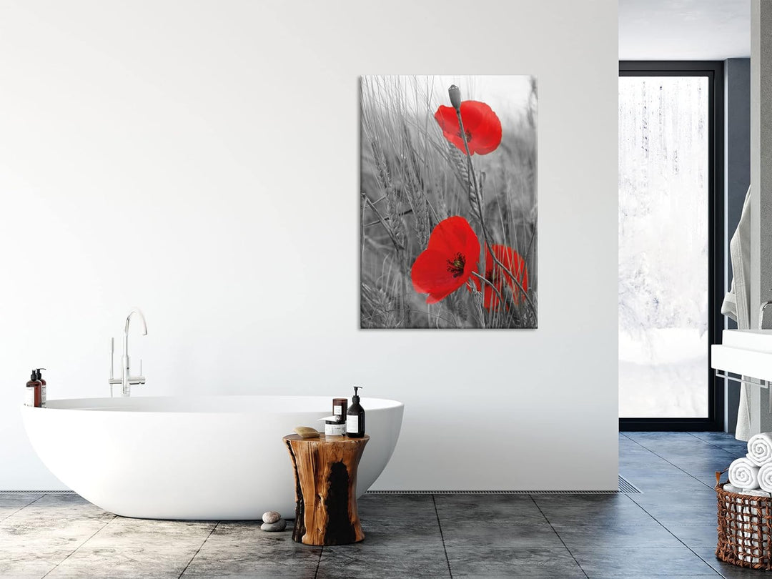 Pixxprint Glasbild | Wandbild aus Echtglas | einzelne Mohnblumen im Getreidefeld | 60x80 cm | inkl.