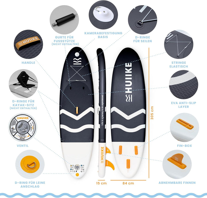 HUIIKE Stand Up Paddling Board mit Zubehör, Paddel, Finnen, Leash, Pumpe, Rucksack. SUP-Board Aufbla