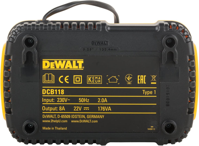 Dewalt System-Schnellladegerät DCB118 (für alle 18V & 54V XR Akkus, 2-Stufen Ladeprozess, LED-Anzeig