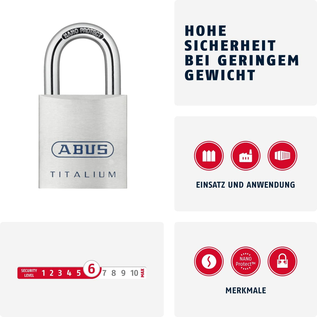 ABUS Titalium Vorhängeschloss 80TI/40 gl.-8011 - gleichschliessend - Kellerschloss mit leichtem, mas