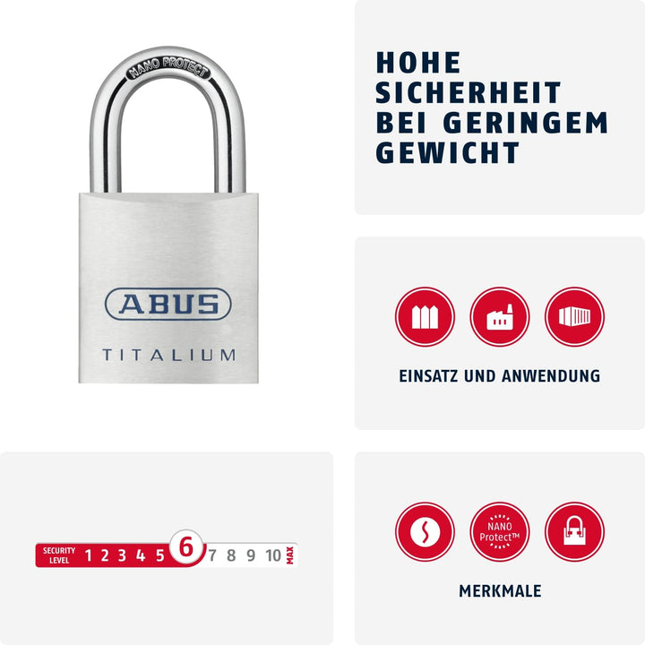 ABUS Titalium Vorhängeschloss 80TI/40 gl.-8011 - gleichschliessend - Kellerschloss mit leichtem, mas