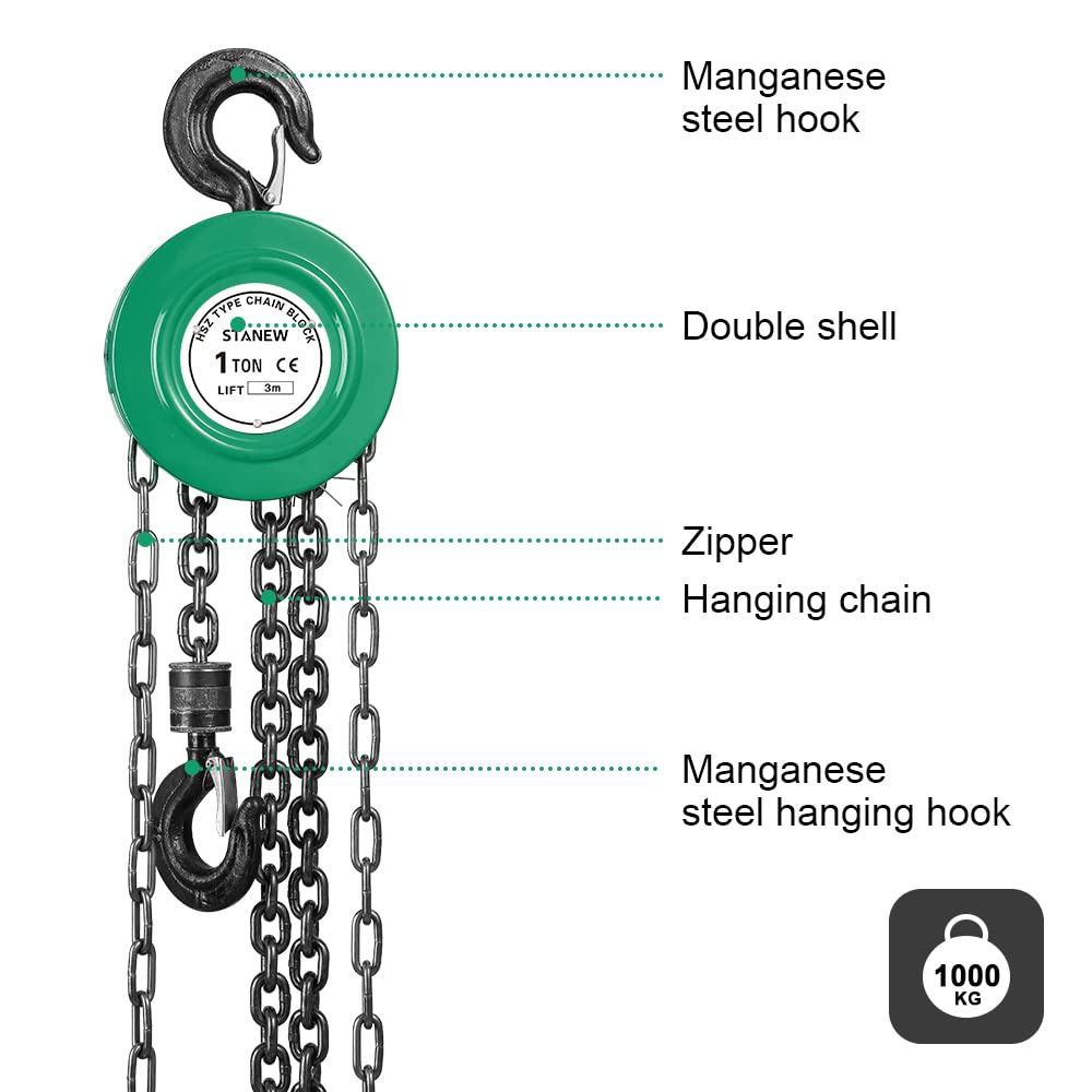 Kettenzug mit robustem Haken, Stanew, 3m Kette, Grün, doppelte Ladekette, Kette G80, Hebehaken mit S