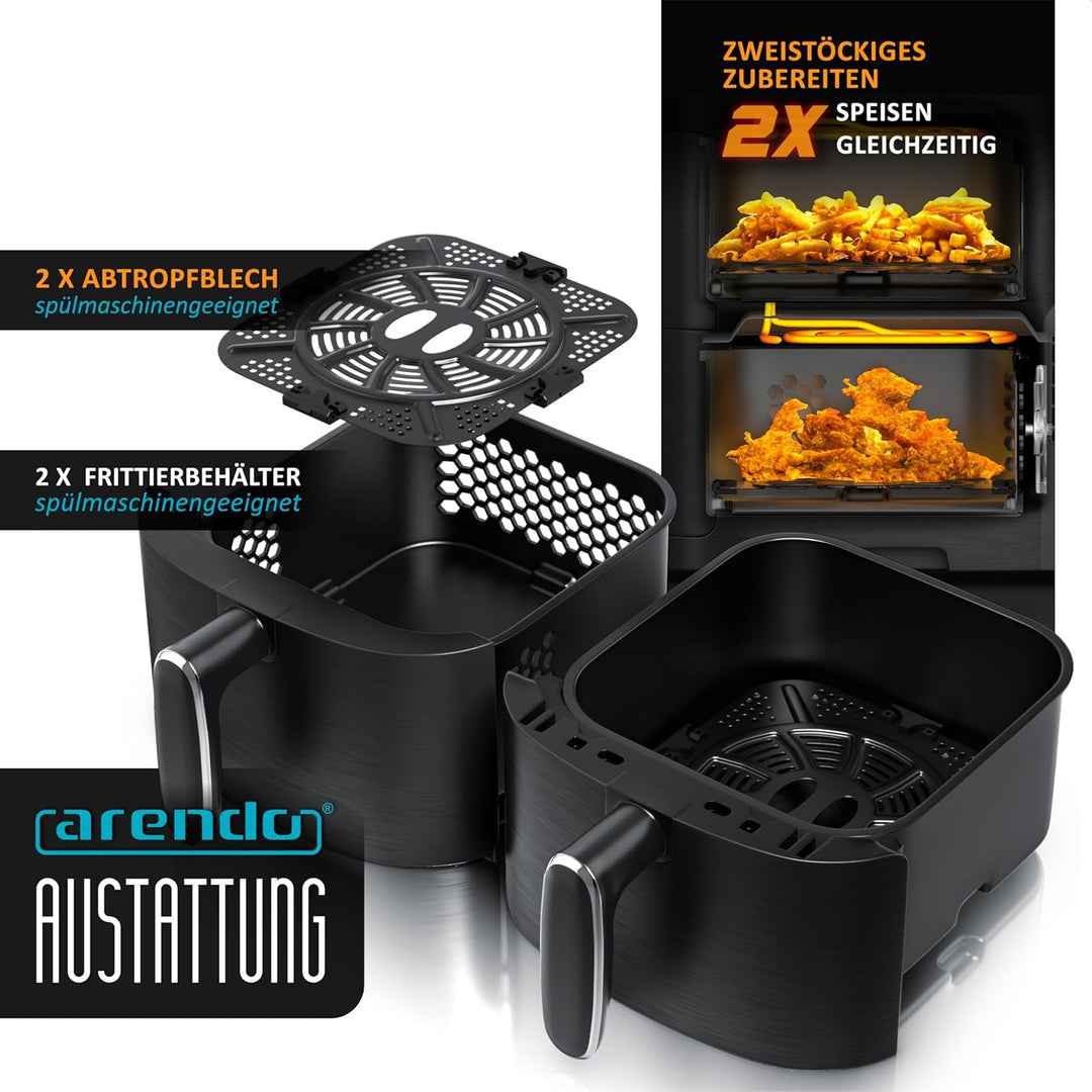 Arendo - Mini Heissluftfritteuse 2 Kammern - 5 Liter Doppelstock – 2000 Watt – 2 Frittierbehälter in