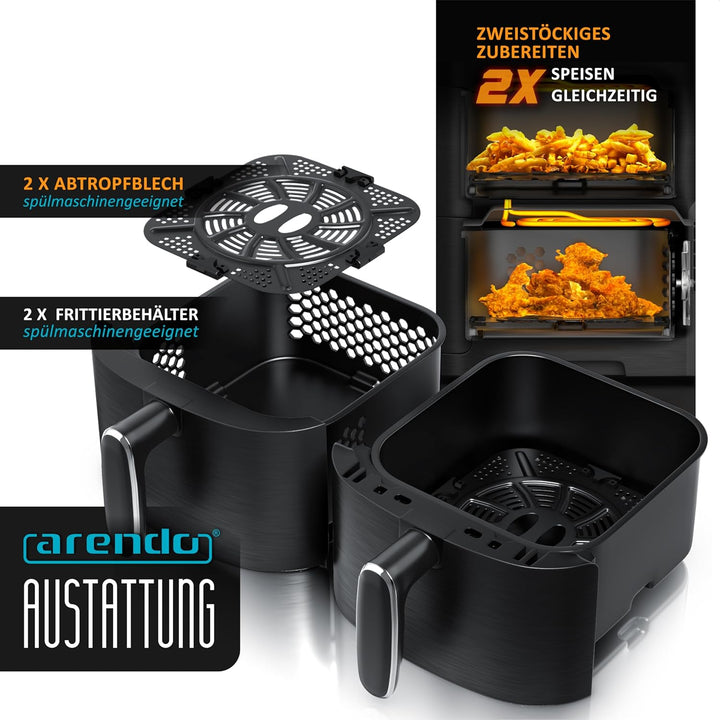 Arendo - Mini Heissluftfritteuse 2 Kammern - 5 Liter Doppelstock – 2000 Watt – 2 Frittierbehälter in