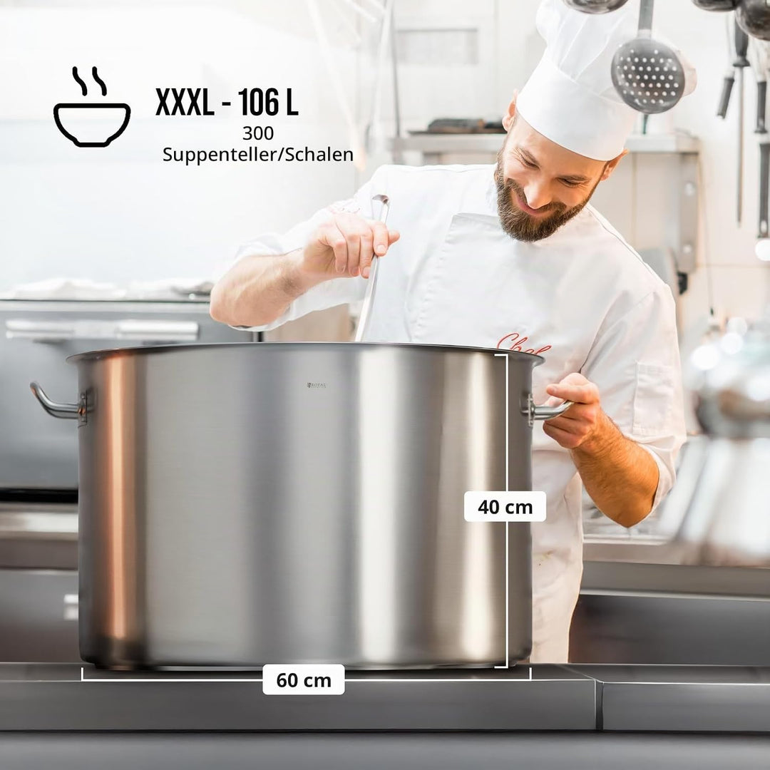 Royal Catering Kochtopf gross 106 L / 60 cm Innendurchmesser Edelstahl für alle Herdarten mit Deckel