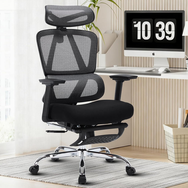 Bürostuhl Ergonomisch, Schreibtischstuhl aus Netzgewebe mit Kopfstütze, Fussstütze und 3D-Armlehnen,