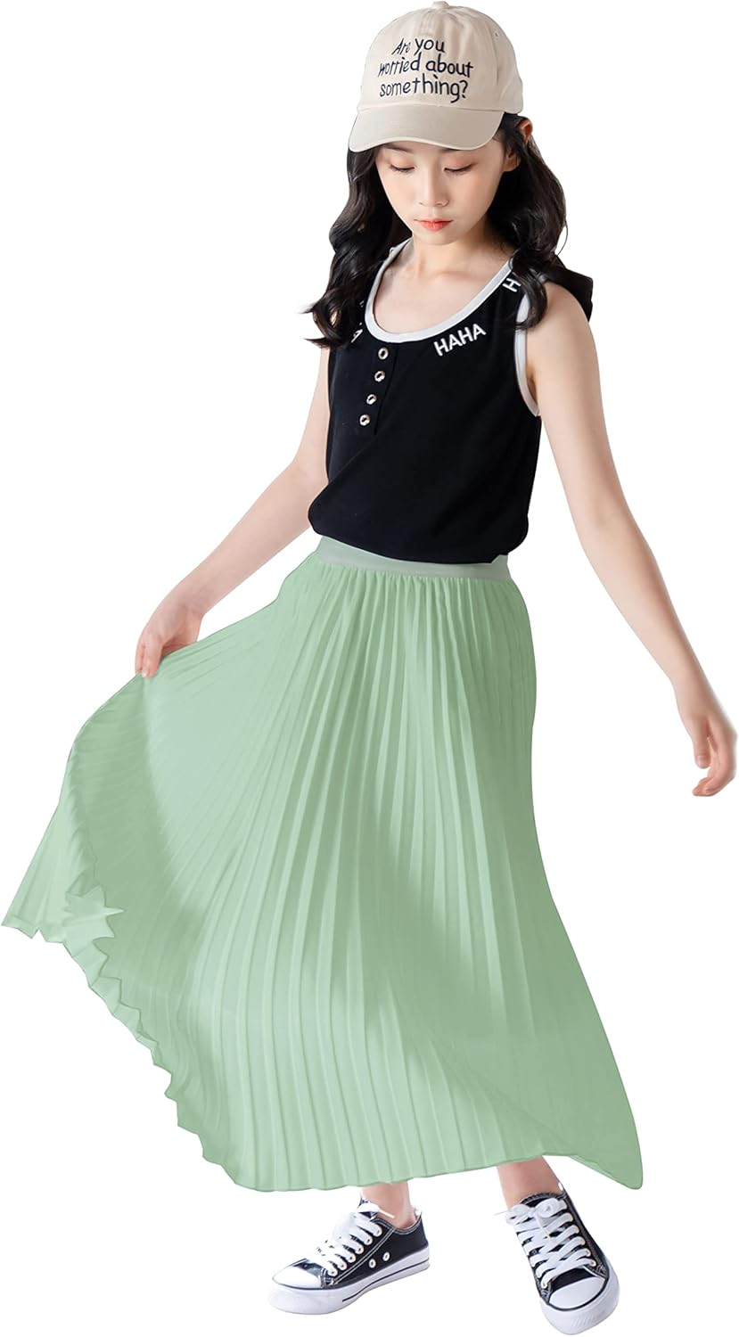 Maeau Mädchen Plisseerock Einfarbiger, Faltenrock Chiffon Gummizug in der Taille, Rock Lang für Frei