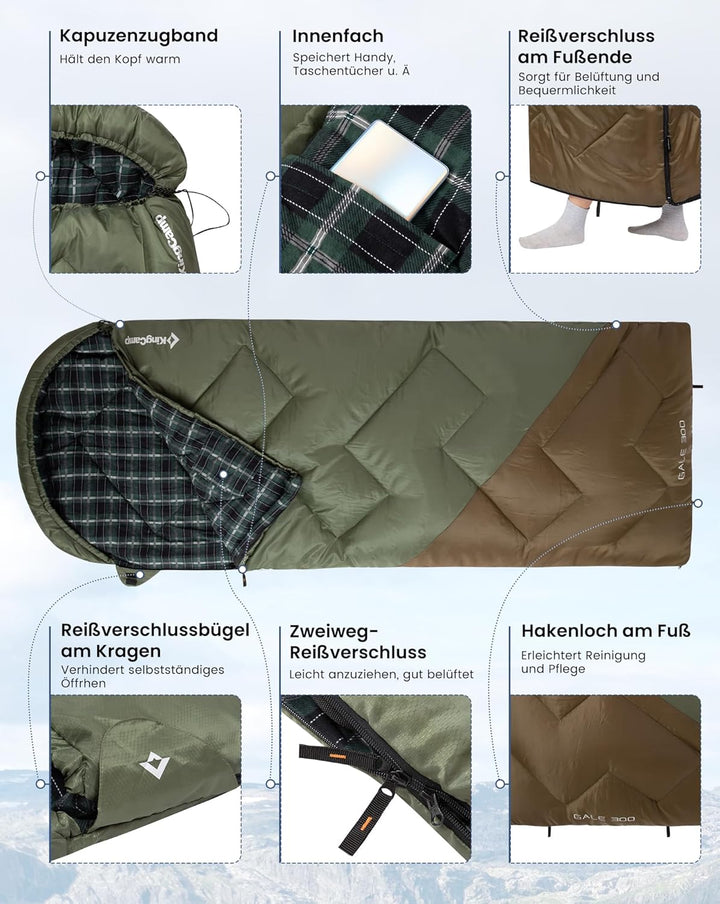 KingCamp Schlafsack für Erwachsene, Winter, Flanell, kompakt, 3-4 Jahreszeiten, Decke für Camping, R