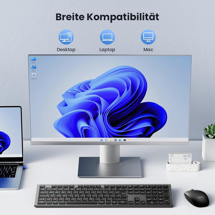 TECKNET Tastatur Maus Set Kabellos, 2.4G Wiederaufladbare Maus und Tastatur | Fullsize Deutsch QWERT