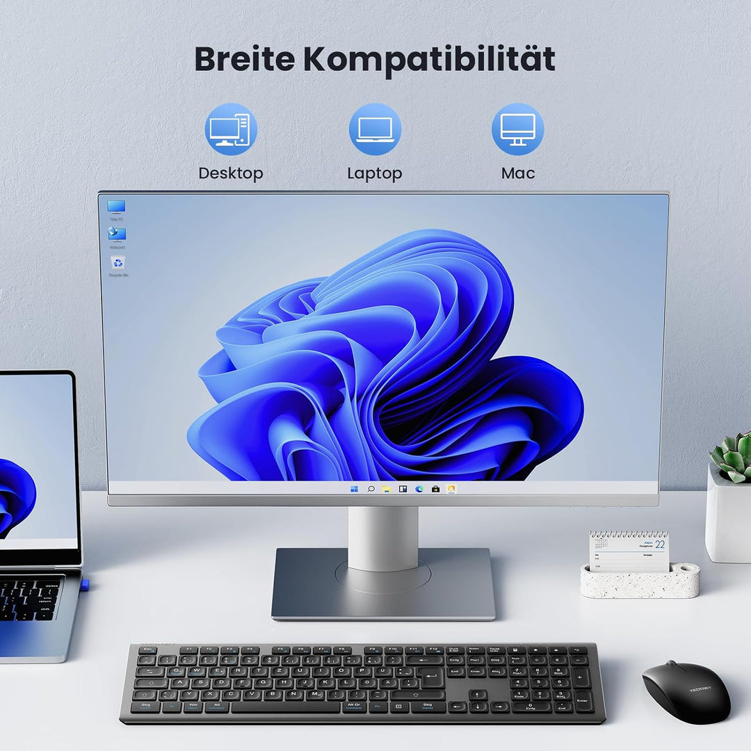 TECKNET Tastatur Maus Set Kabellos, 2.4G Wiederaufladbare Maus und Tastatur | Fullsize Deutsch QWERT