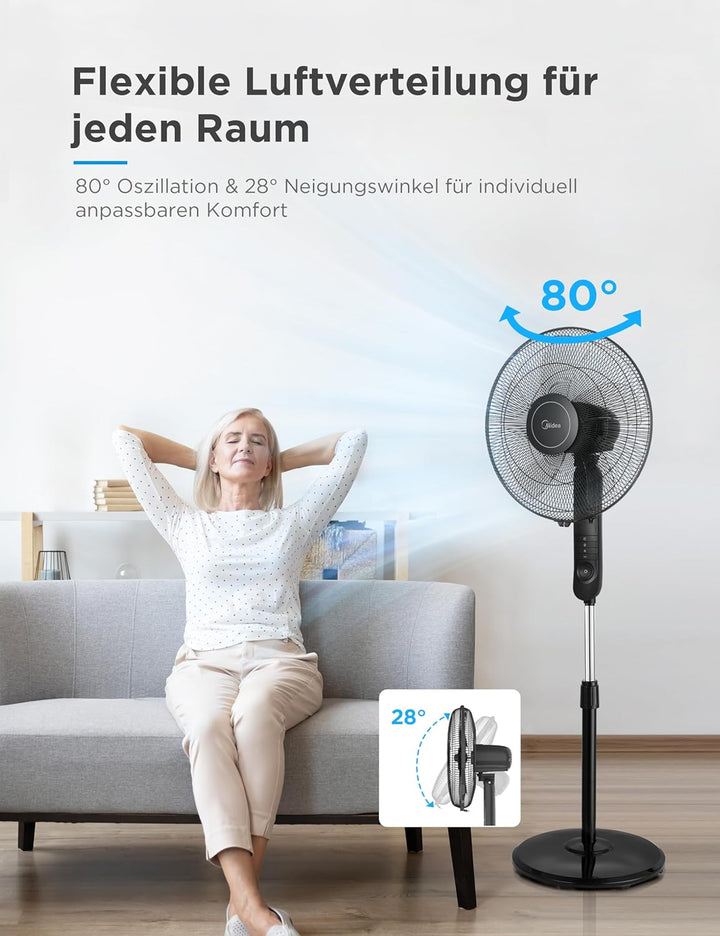 Midea FS40-15FR Standventilator Leise mit Fernbedienung,3 Geschwindigkeitsstufen,LED Anzeige, 7,5H T