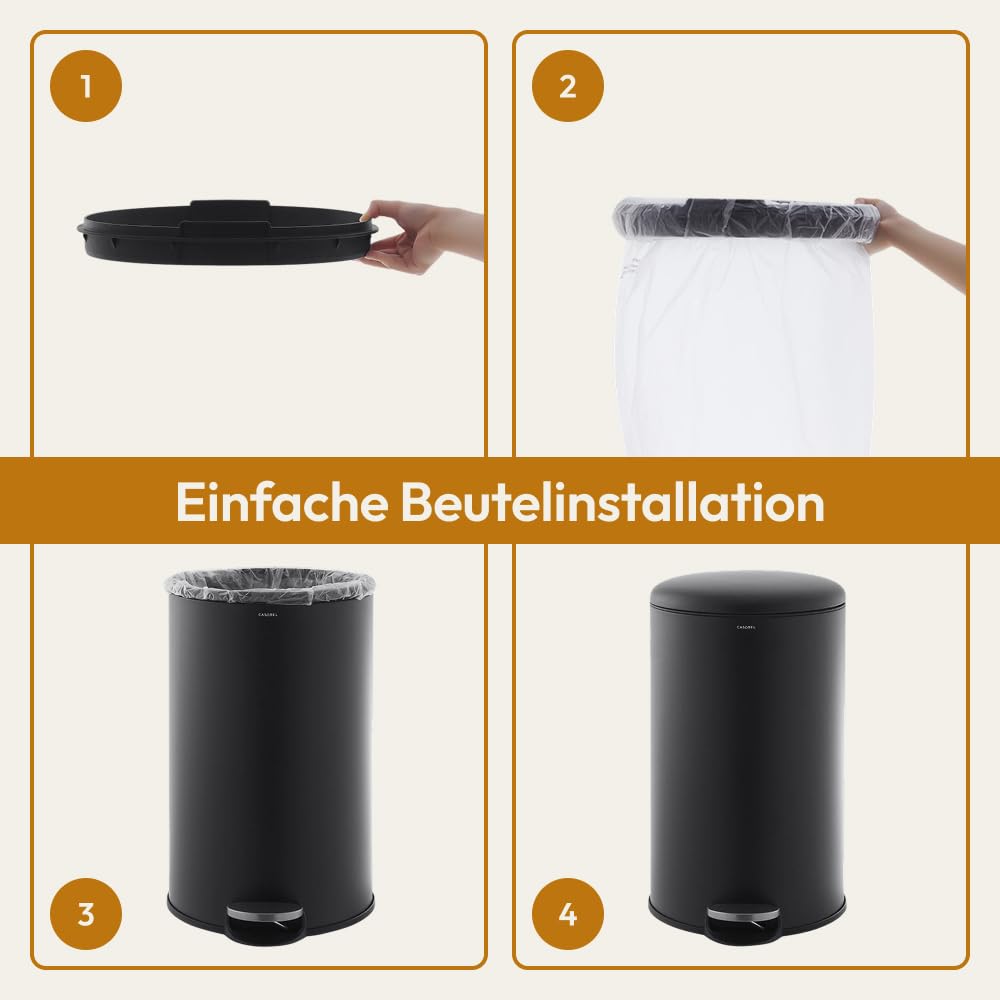CASABEL Mülleimer Küche 50L - 100% Edelstahl, Resistent gegen Fingerabdrücke, Runder Treteimer mit F