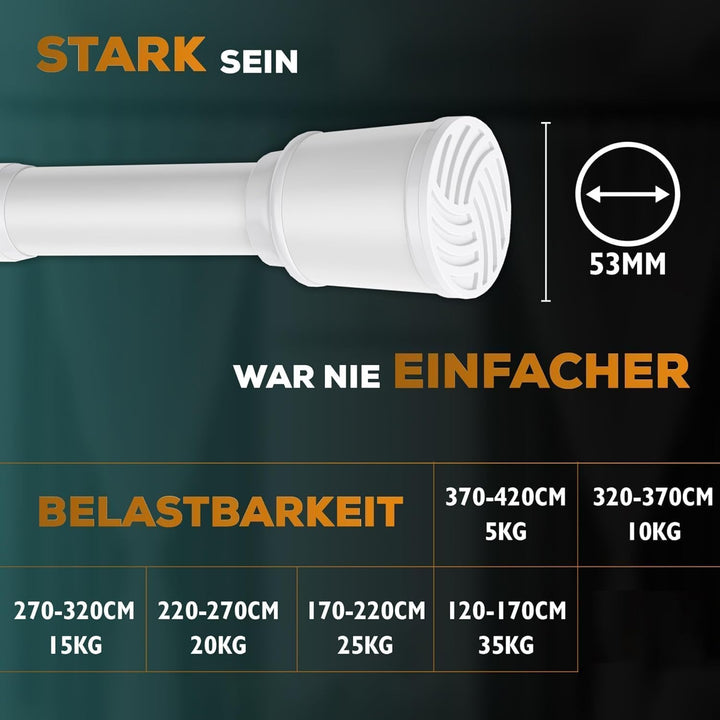 Gardinenstange zum Klemmen 120-170cm, Weiss, Ø 32 mm, Duschvorhangstange ohne Bohren - Vorhangstange