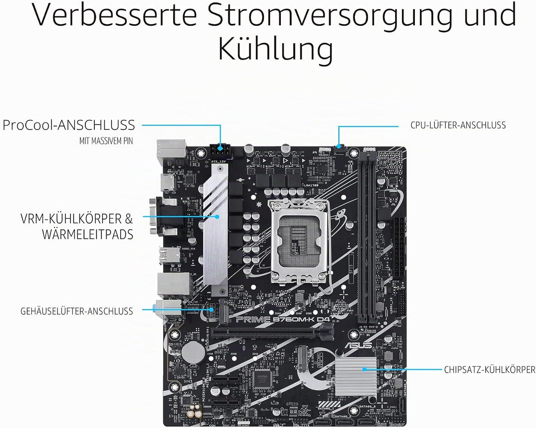 ASUS PRIME B760M-K D4 Gaming Mainboard Sockel Intel LGA 1700 (Intel B760, mATX, DDR4 Speicher, 2x PC