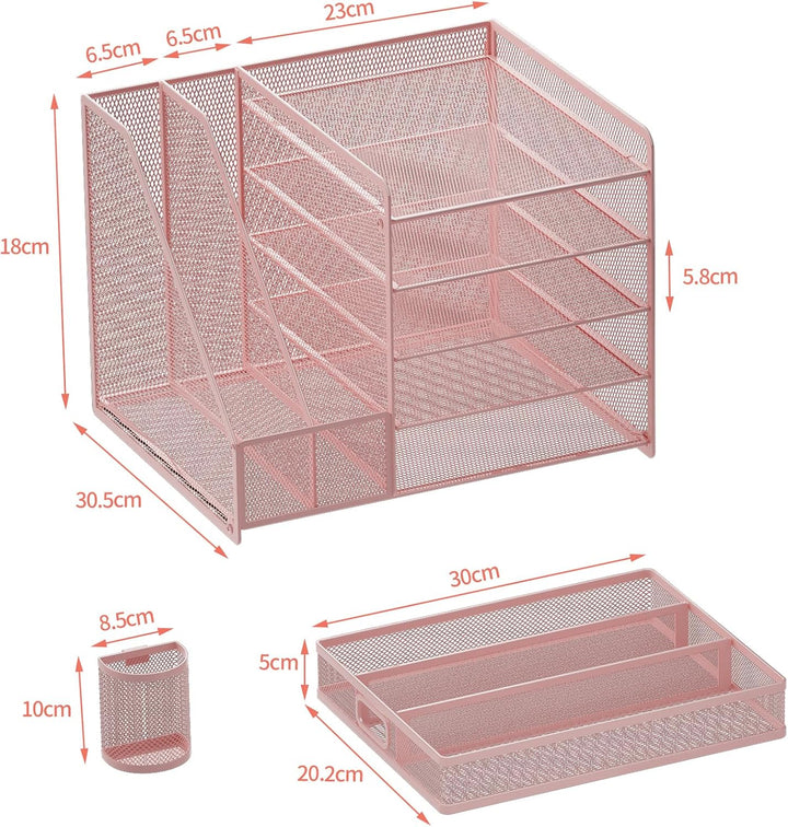 Schreibtisch Organizer mit Aktenhalter, 5-stufiger Papier Organizer mit Schublade und 2 Stifthaltern