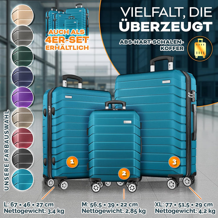 tillvex® Reisekoffer Set 3-TLG. + Gepäckwaage, 6X Koffergurte & 3X Kofferanhänger | Kofferset 4 Roll