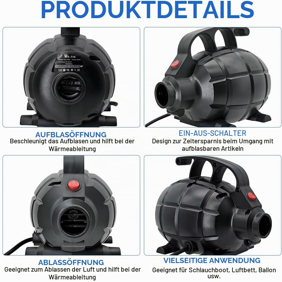 Elektrische Luftpumpe, 600W Luftpumpe Elektrisch mit 5 Düsen, Luftpumpe Luftmatratze Tragbare, Elekt