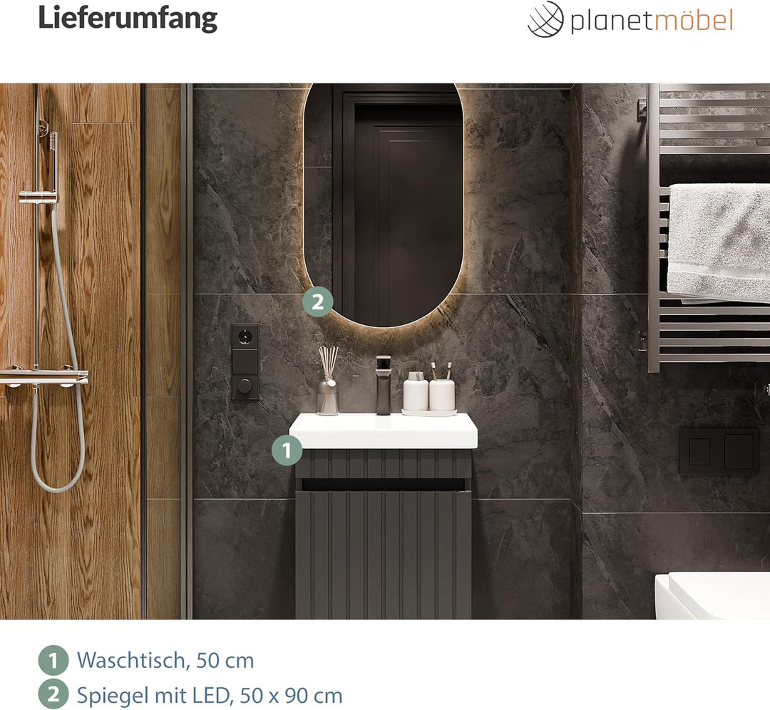 Planetmöbel Cosmia Badmöbel Set Waschbecken mit Unterschrank 50 x 60 x 35 cm Anthrazit, Badezimmer S