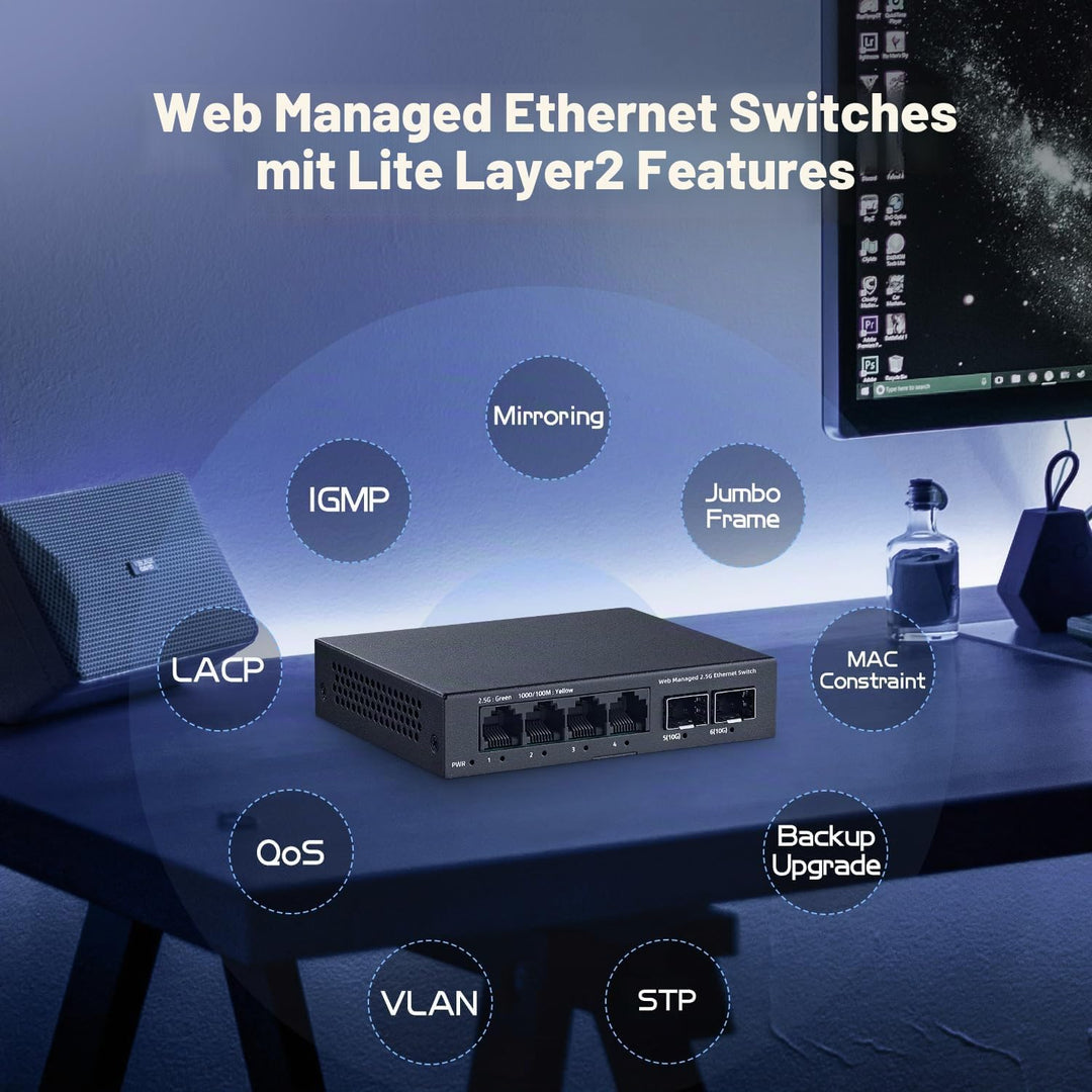 YuLinca 6 Port 2.5G Easy Web Managed Switch, 4 x 2.5Gbps Base-T Ports und 2 x 10G SFP+ Slot, unterst