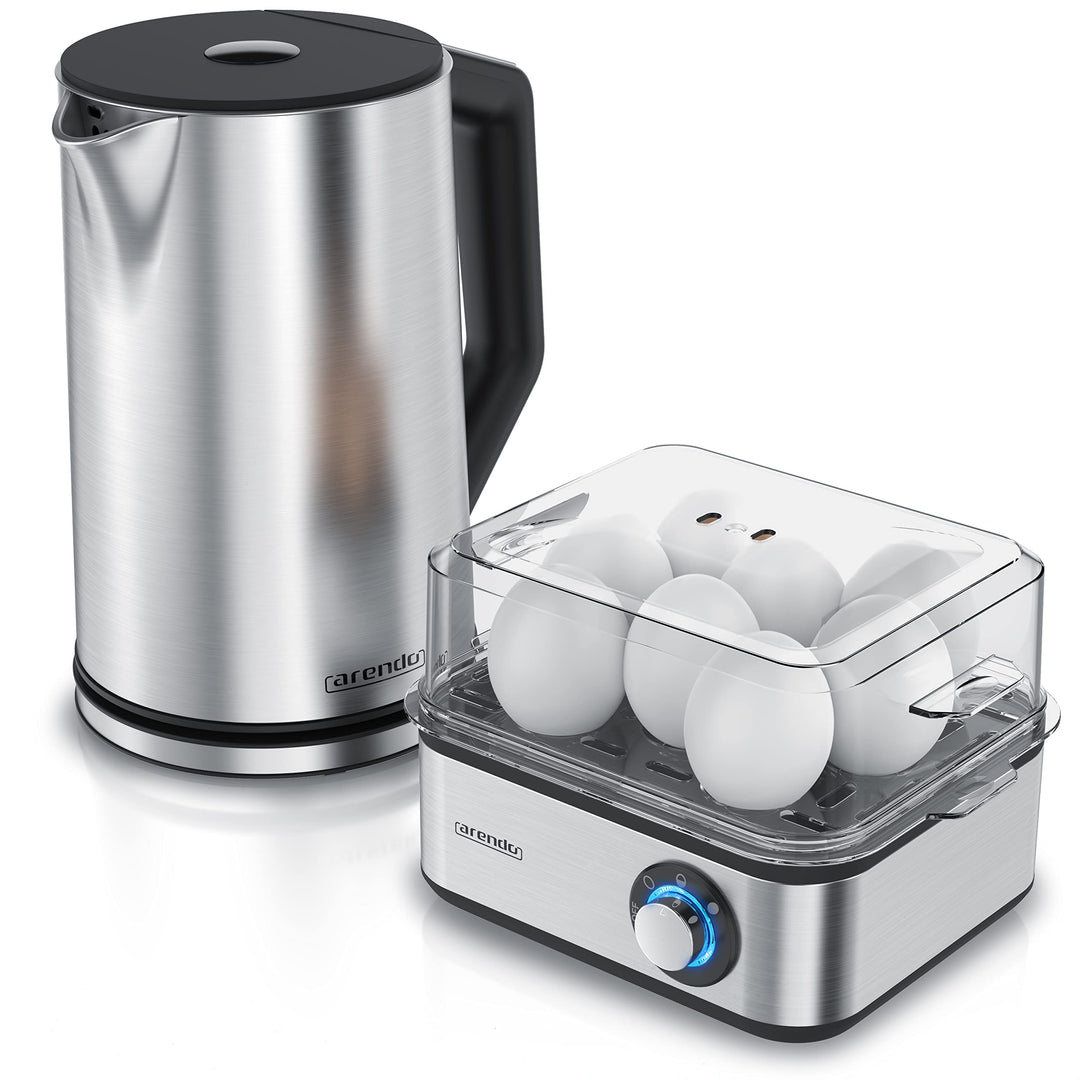 Arendo - Set Wasserkocher ELEGANT mit Eierkocher THREECOOK Edelstahl Silber, Wasserkocher 1,5L 40° -