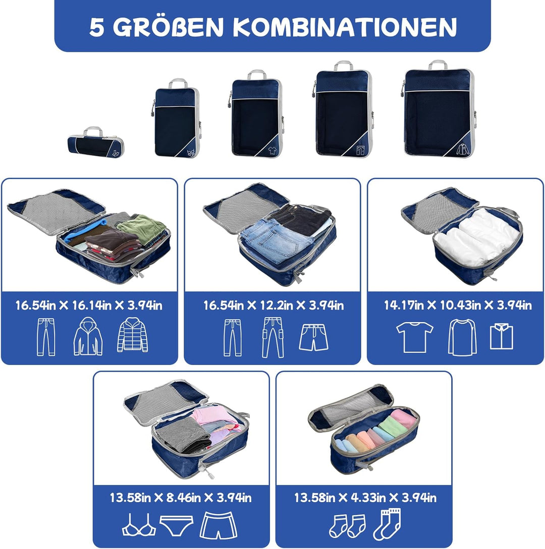 5-teilig Kompressions Packwürfel Set für Reisen, Compression Packing Cube zur Organisation Ihres Rei
