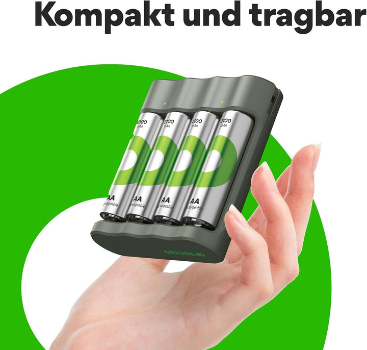 GP ReCyko USB Batterie Ladegerät AA AAA incl. 4 Stück Akku AA 2100mAh, NiMH 1,2V Akku Ladegerät mit