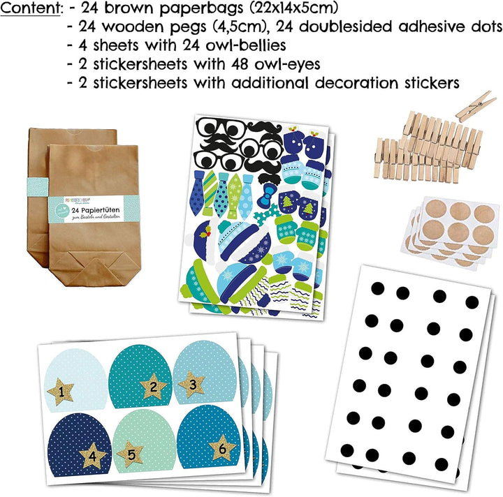 Papierdrachen Adventskalender 2025 zum Befüllen - 24 blaue Eulen-Tüten im Winterdesign - DIY Set mit