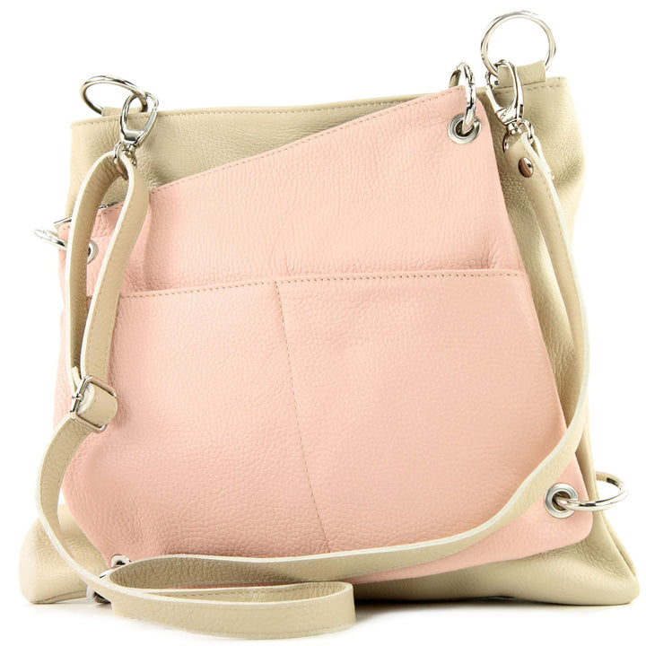 modamoda de - T140 - ital Messengertasche Umhängetasche 2in1 Leder Cremebeige/Rosa, Cremebeige/Rosa