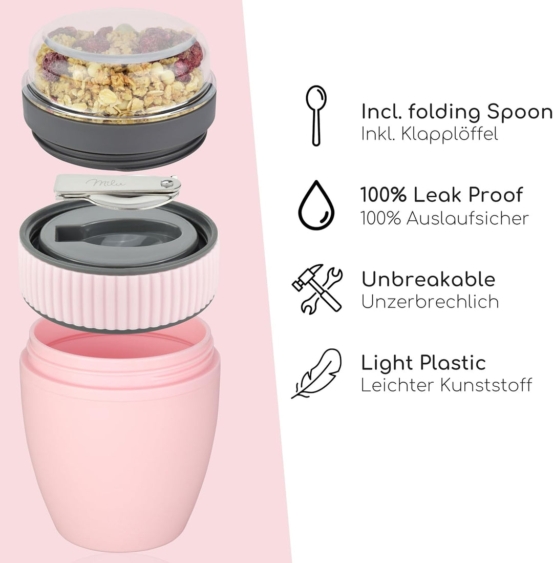 Milu Müslibecher to go 400ml MüsliMax Plastik Joghurtbecher für Müsli I auslaufsicherer Becher mit L
