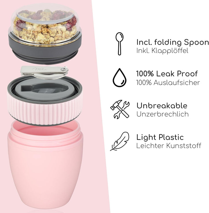 Milu Müslibecher to go 400ml MüsliMax Plastik Joghurtbecher für Müsli I auslaufsicherer Becher mit L