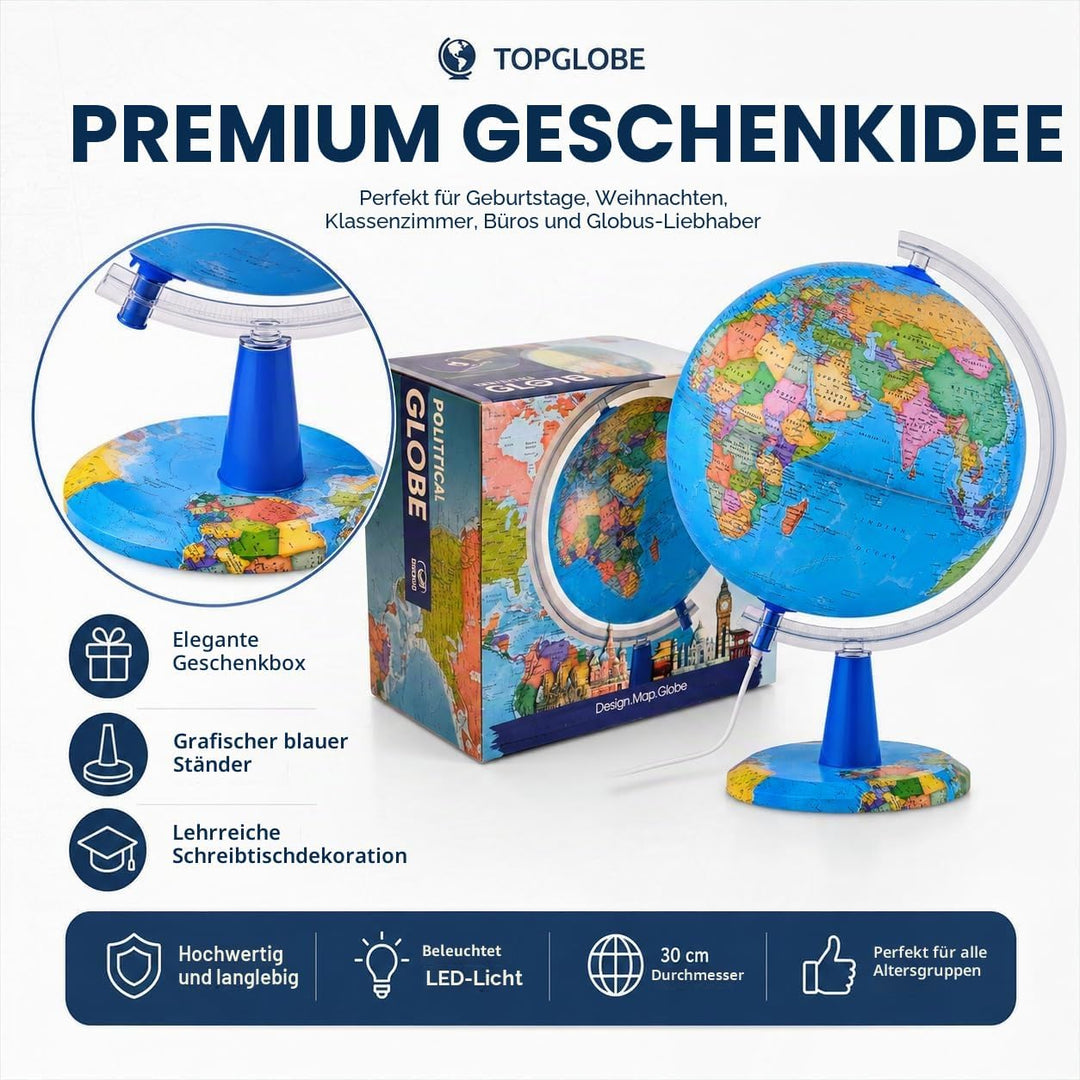 TOPGLOBE 30cm Leuchtglobus - Englische Karte - Schülerglobus Moderne Politische Weltkugel – pädagogi