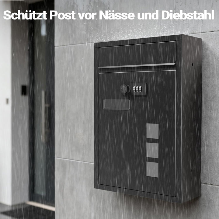 Wiltec Briefkasten schwarz 215x320x90mm Briefkasten mit Zahlenschloss, Namensschild und Sichtfenster