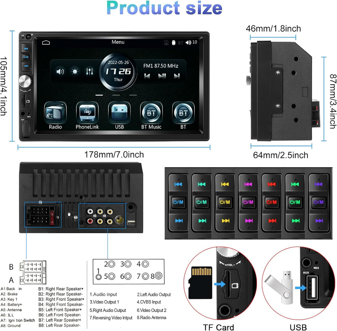 Podofo Autoradio 2 Din mit Apple CarPlay, Android Auto und Bluetooth, 7 Zoll Auto Stereo Radio mit H