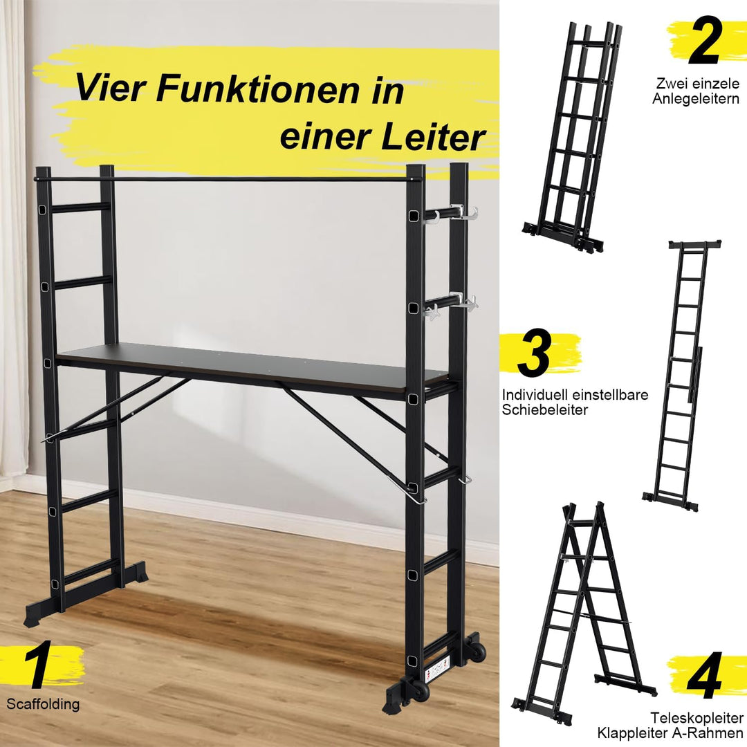 Gimisgu Gerüst, 4 in 1 Alu Multifunktionsleiter 6+6 Stufen, Mobile Mehrzweckleiter mit Plattform und