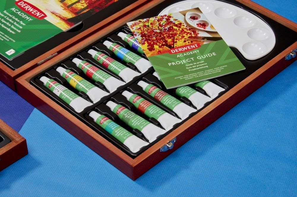 Derwent Academy Acryl Malset, Acrylfarben in einer Geschenk-Box aus Holz, 18er-Set Farben, Inklusive