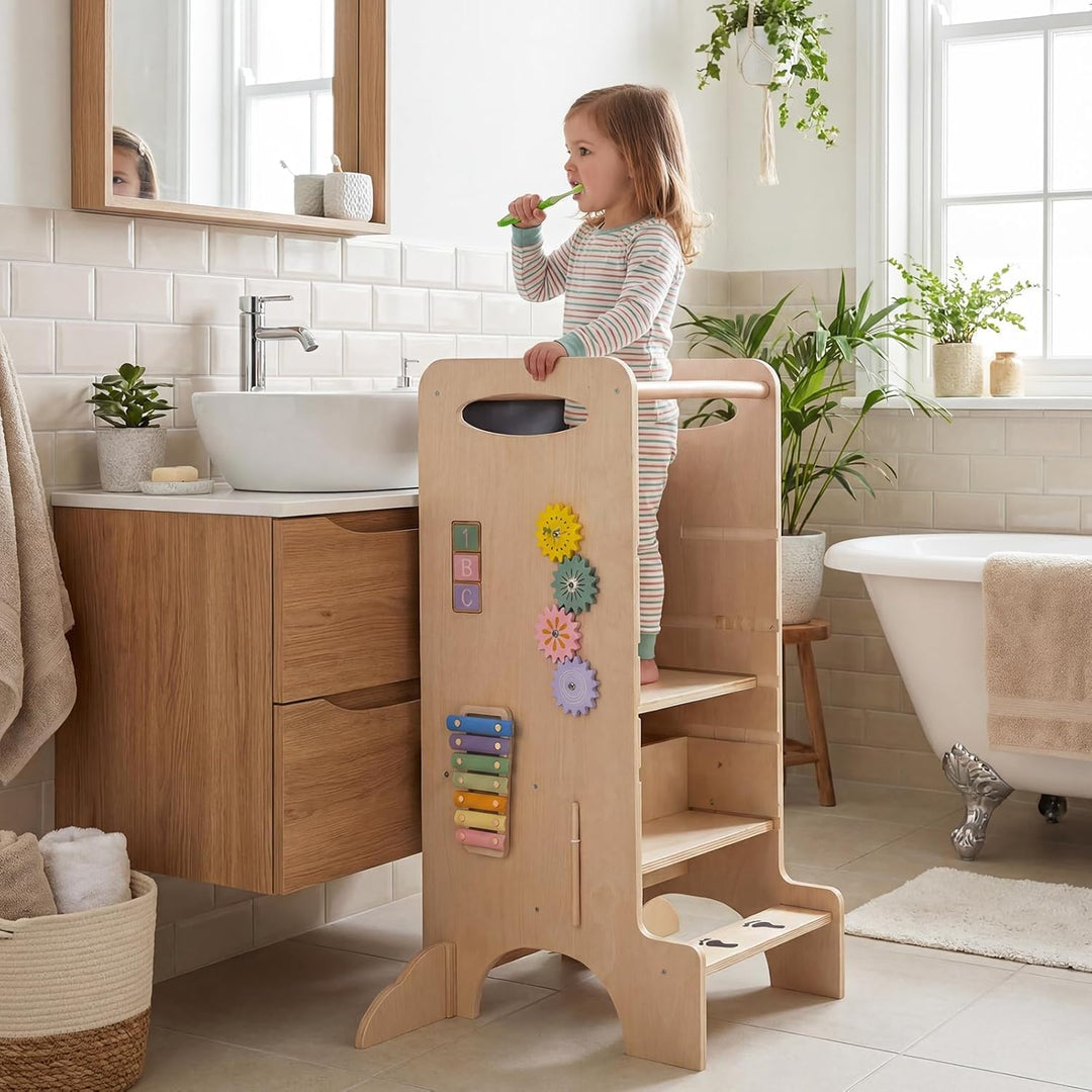 COSTWAY 4 in 1 Lernturm mit Spieltablett, Tritthocker Montessori mit 3 verstellbaren Höhen &amp; Abnehmb