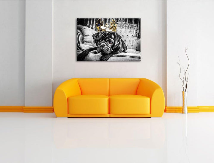 Mops mit Krone auf Thron schwarz/weiss Format: 100x70 auf Leinwand, XXL riesige Bilder fertig gerahm