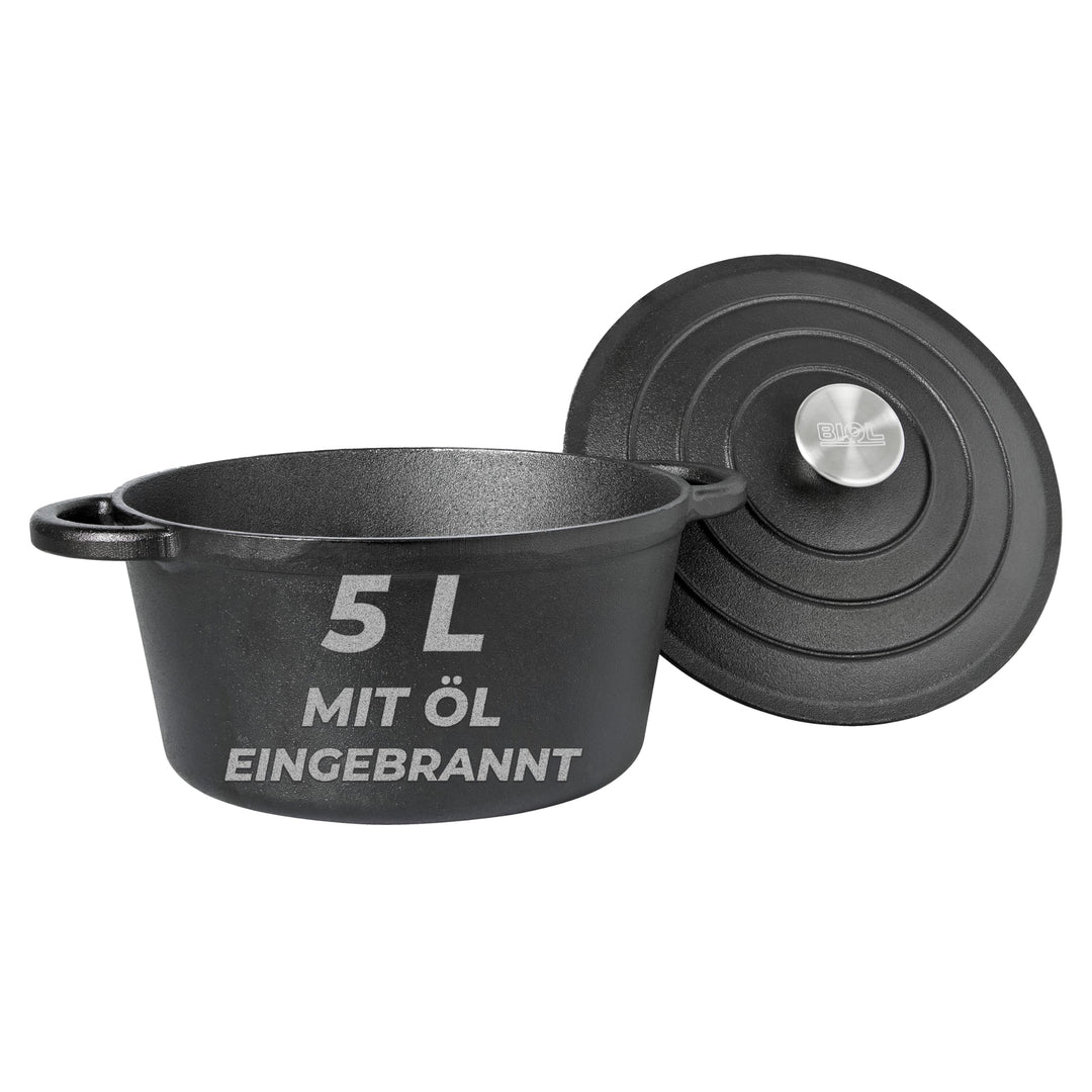 BIOL Gusseisen Topf mit Deckel Ø 25 cm 5L für Küche Backen Schmoren Braten Antihaftwirkung, für alle