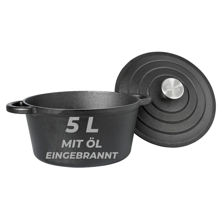 BIOL Gusseisen Topf mit Deckel Ø 25 cm 5L für Küche Backen Schmoren Braten Antihaftwirkung, für alle