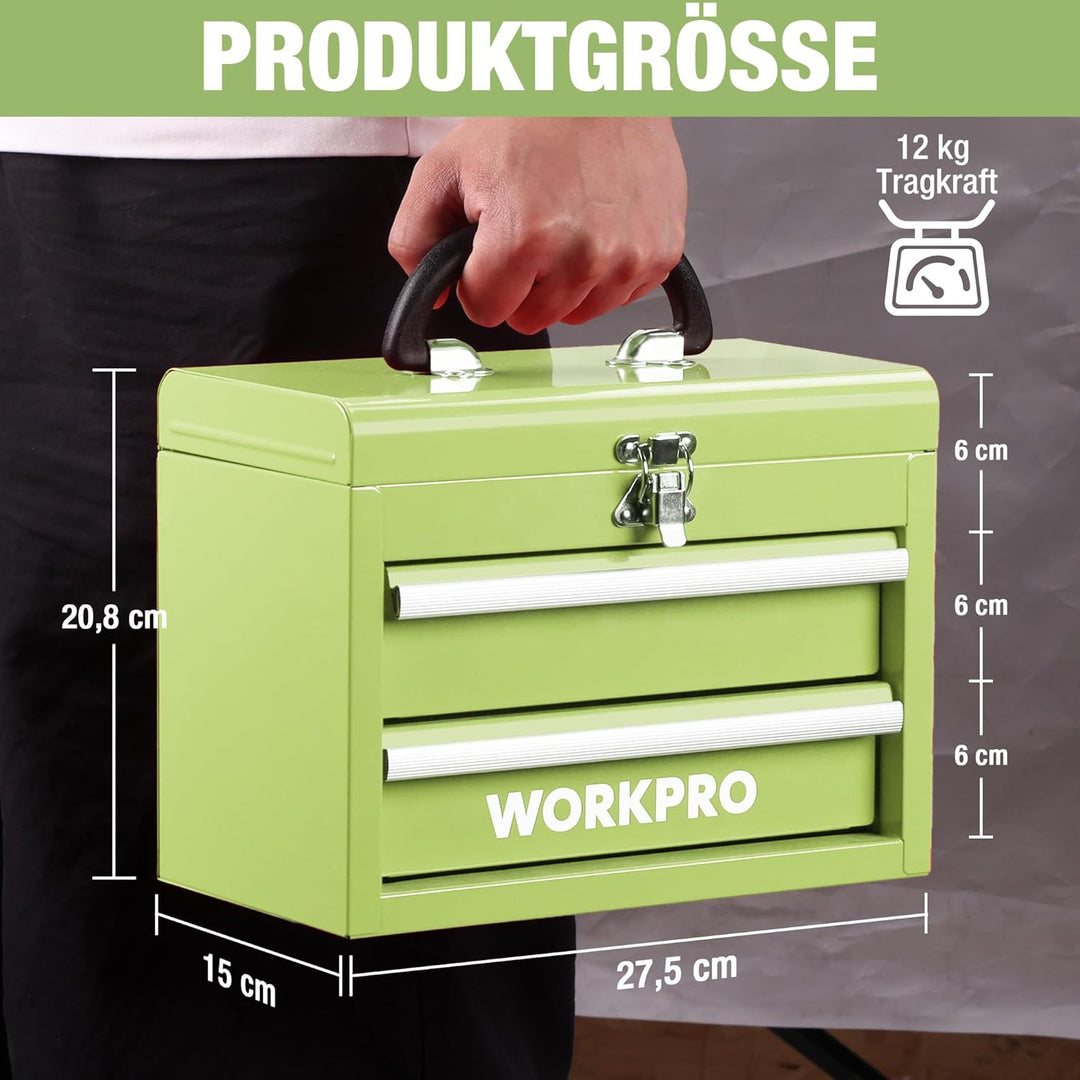 WORKPRO Metall Schubladenbox mit 2 Schubladen & Oberer Stauraum Avocadogrün, 27,5x15x20,8cm Tisch Or