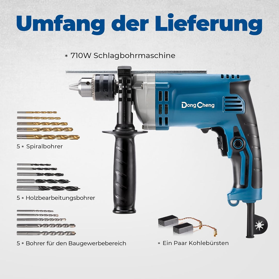 DongCheng Schlagbohrmaschine Bohrhammer 710W,13 mm Bohrfutter Schlagbohrer 45,000 IPM, 3000 RPM mit