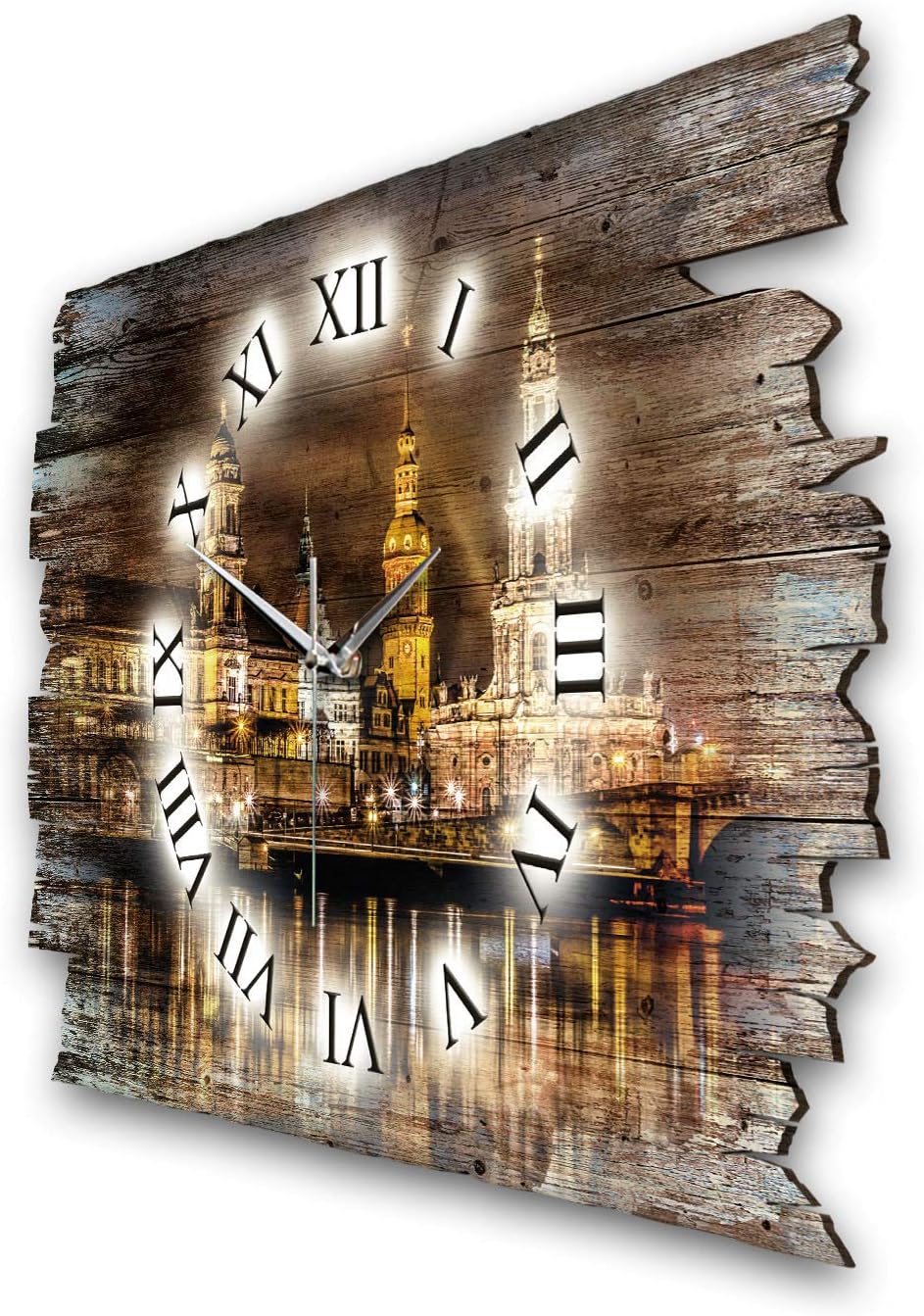 Kreative Feder Dresden bei Nacht Landhaus Shabby Designer Wanduhr Quarzuhr aus Holz *Made in Germany