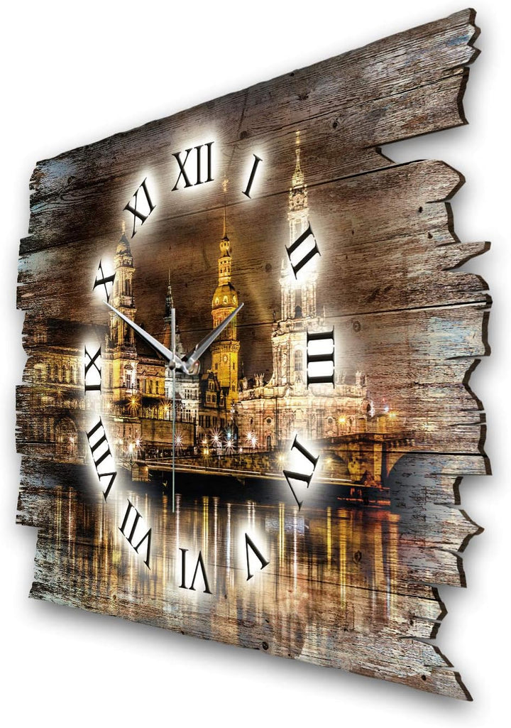Kreative Feder Dresden bei Nacht Landhaus Shabby Designer Wanduhr Quarzuhr aus Holz *Made in Germany