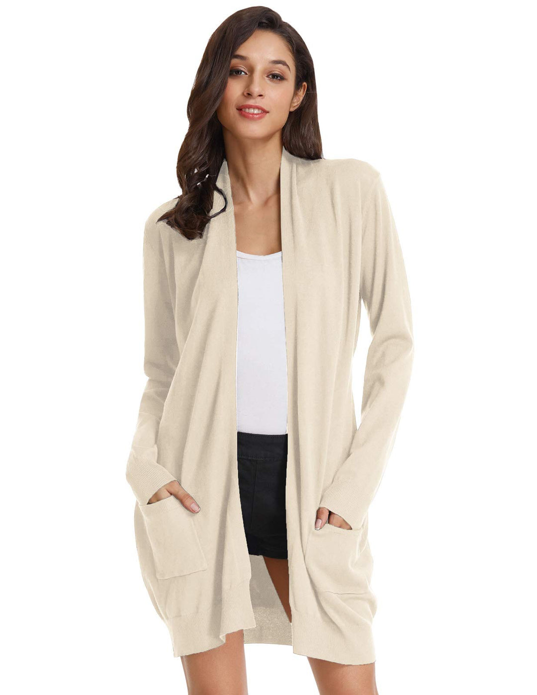 GRACE KARIN Damen Langarm Offene Strickjacke Lang Strickmantel Casual High Stretchy Cardigan mit Tas