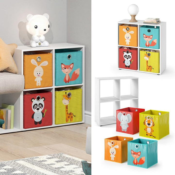 Vicco Kinderregal Tetra, Weiss, 72 x 72.6 cm mit 4 Faltboxen (rot/gelb) Weiss 4 Fächer Faltboxen: ro