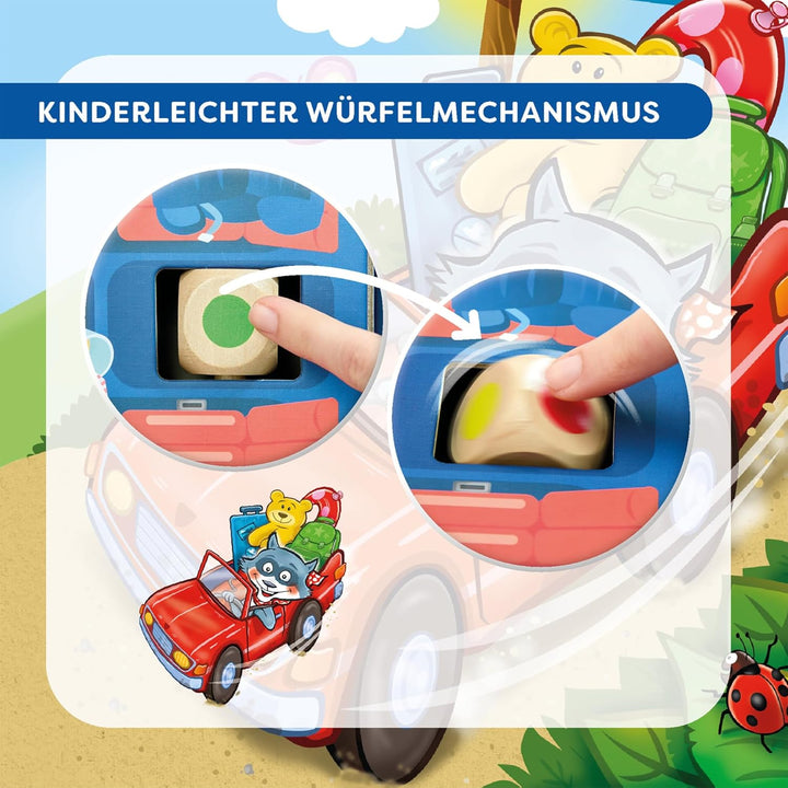 HABA Meine ersten Spiele – Hallo Urlaub! – Würfelspiel für Kinder ab 2 Jahren mit Waschbär & Auto –